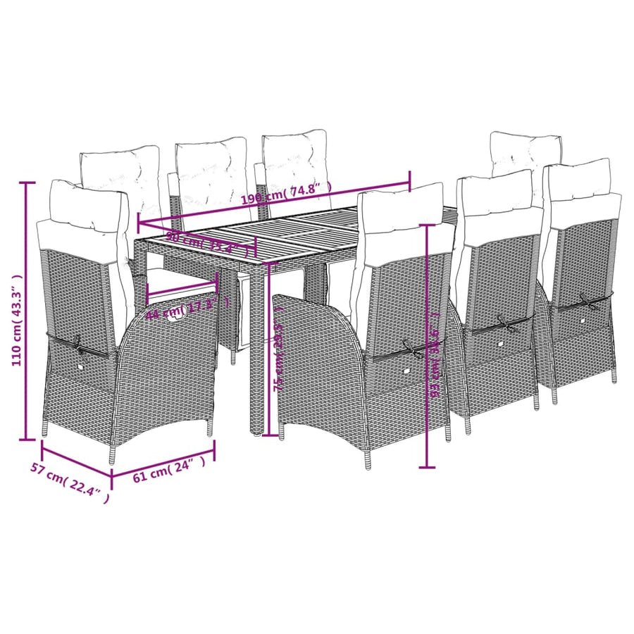 9 Piece Garden Dining Set with Cushions Grey Poly Rattan