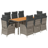 9 Piece Garden Dining Set with Cushions Grey Poly Rattan - Front View