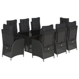 9 Piece Garden Dining Set with Cushions Black Poly Rattan - Front View