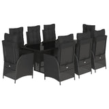 9 Piece Garden Dining Set with Cushions Black Poly Rattan - Front View