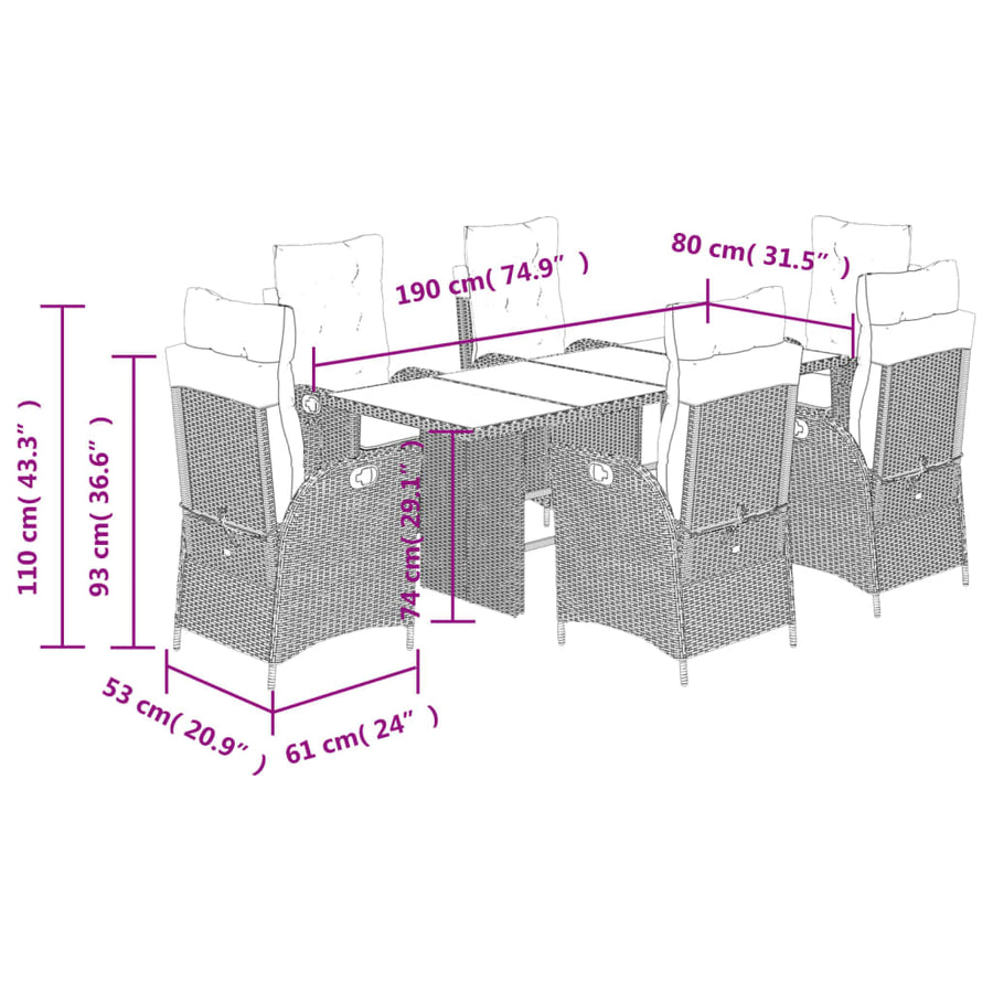 7 Piece Garden Dining Set with Cushions Grey Poly Rattan