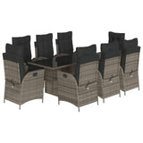 9 Piece Garden Dining Set with Cushions Grey Poly Rattan - Front View