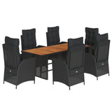 7 Piece Garden Dining Set with Cushions Black Poly Rattan - Front View