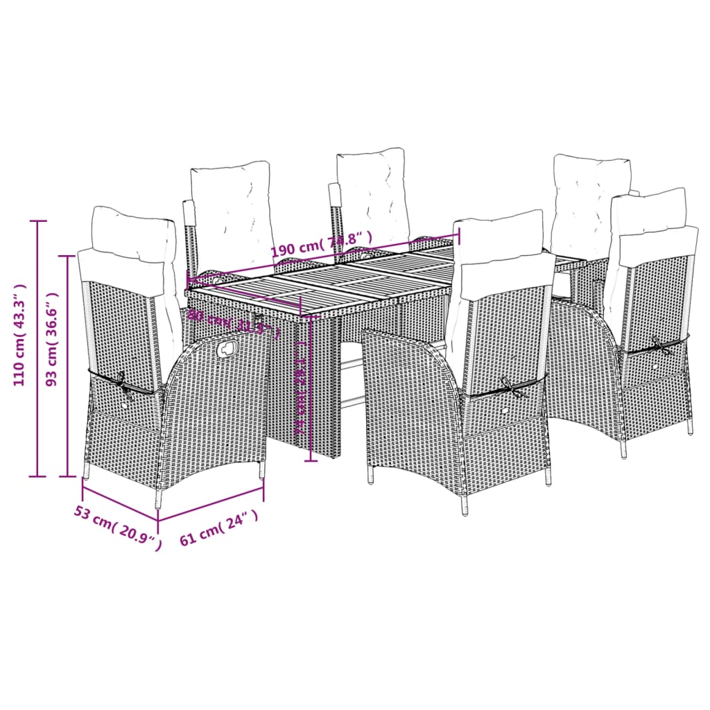 7 Piece Garden Dining Set with Cushions Black Poly Rattan
