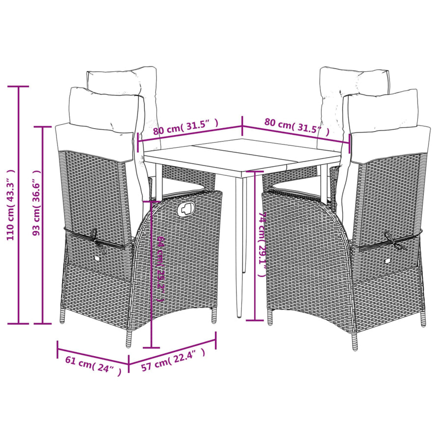 5 Piece Garden Dining Set with Cushions Black Poly Rattan