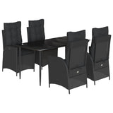 5 Piece Garden Dining Set with Cushions Black Poly Rattan - Front View