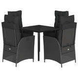 5 Piece Garden Dining Set with Cushions Black Poly Rattan - Front View