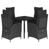 5 Piece Garden Dining Set with Cushions Black Poly Rattan - Front View