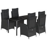 5 Piece Garden Dining Set with Cushions Black Poly Rattan - Front View