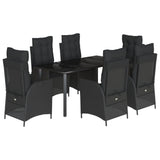 7 Piece Garden Dining Set with Cushions Black Poly Rattan - Front View