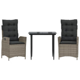 3 Piece Garden Dining Set with Cushions Grey Poly Rattan - Front View