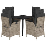 5 Piece Garden Dining Set with Cushions Grey Poly Rattan