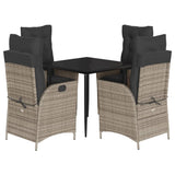 5 Piece Garden Dining Set with Cushions Grey Poly Rattan - Front View