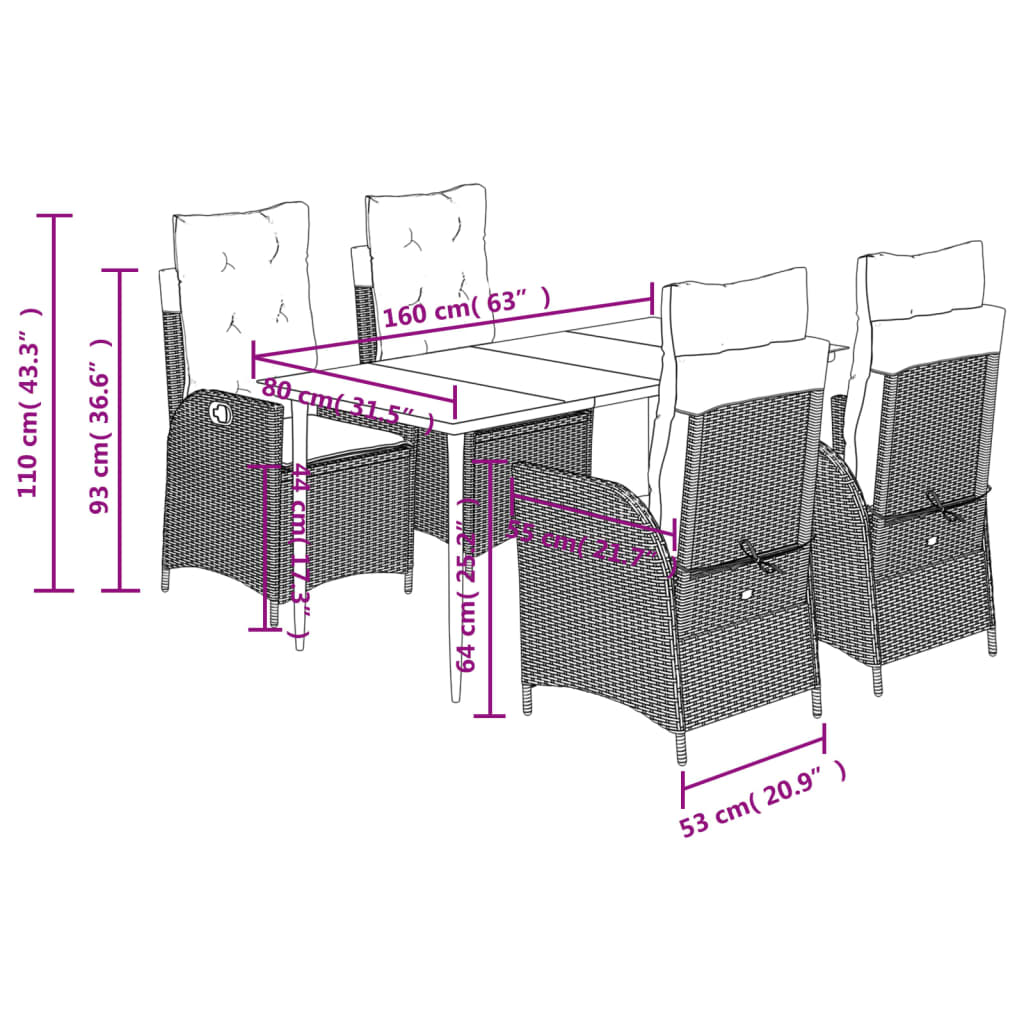 5 Piece Garden Dining Set with Cushions Grey Poly Rattan