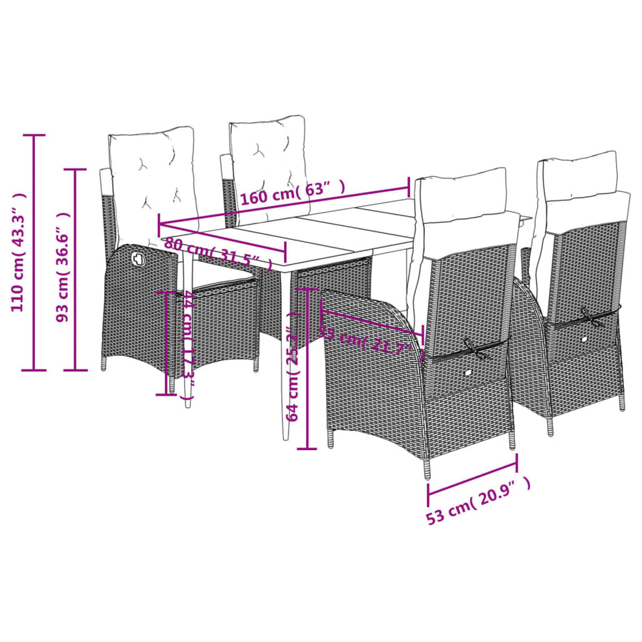 5 Piece Garden Dining Set with Cushions Grey Poly Rattan