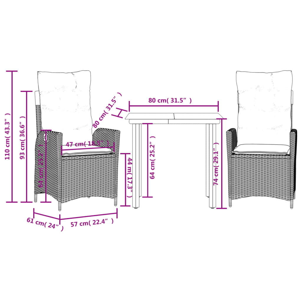 3 Piece Garden Dining Set with Cushions Grey Poly Rattan