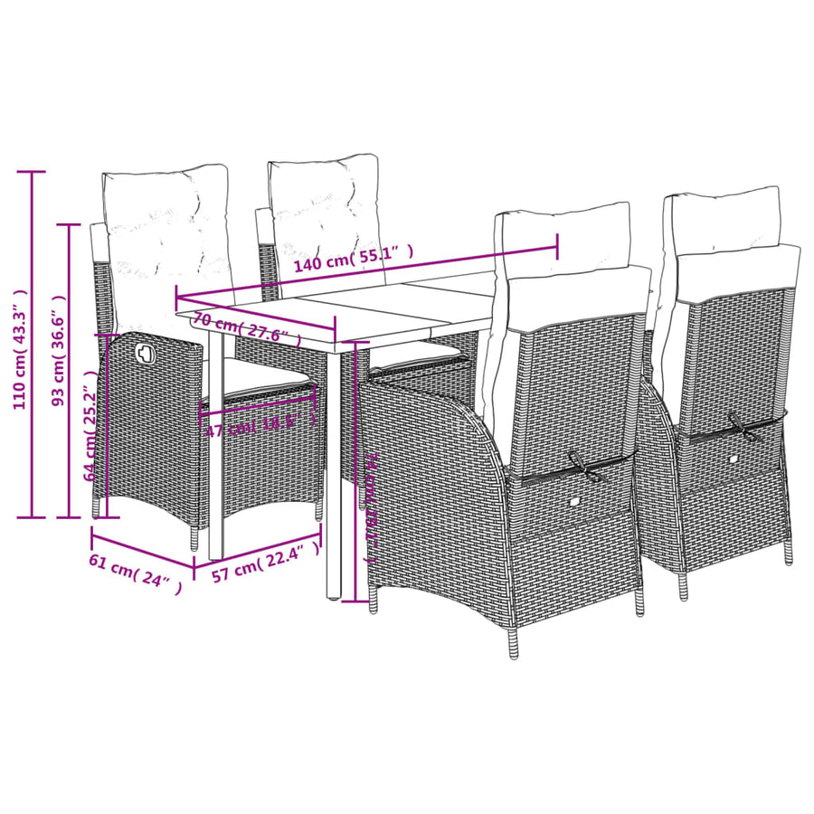 5 Piece Garden Dining Set with Cushions Grey Poly Rattan