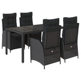 5 Piece Garden Dining Set with Cushions Black Poly Rattan - Front View