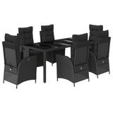 7 Piece Garden Dining Set with Cushions Black Poly Rattan - Front View
