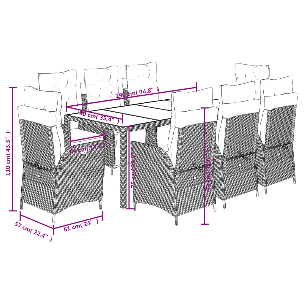9 Piece Garden Dining Set with Cushions Black Poly Rattan