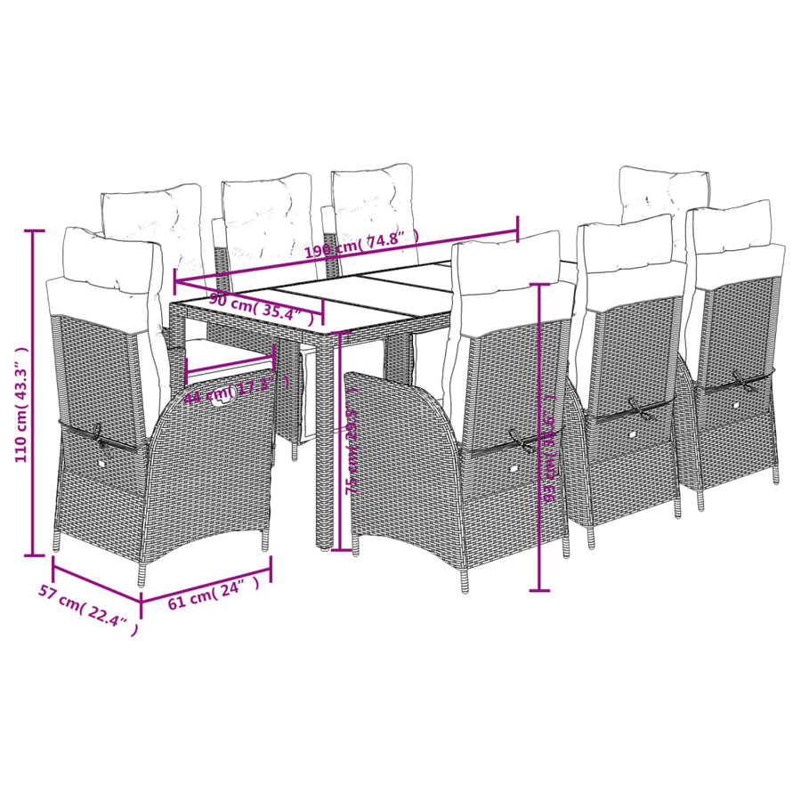 9 Piece Garden Dining Set with Cushions Black Poly Rattan