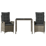 3 Piece Garden Dining Set with Cushions Grey Poly Rattan - Front View