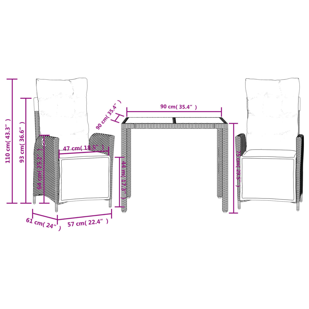 3 Piece Garden Dining Set with Cushions Grey Poly Rattan