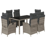 7 Piece Garden Dining Set with Cushions Grey Poly Rattan - Front View