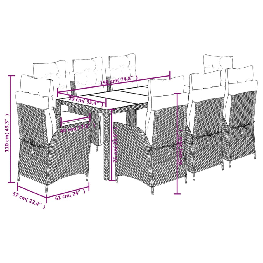 9 Piece Garden Dining Set with Cushions Grey Poly Rattan