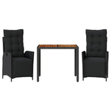 3 Piece Garden Dining Set with Cushions Black Poly Rattan - Front View