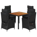5 Piece Garden Dining Set with Cushions Black Poly Rattan - Front View