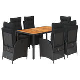 7 Piece Garden Dining Set with Cushions Black Poly Rattan - Front View