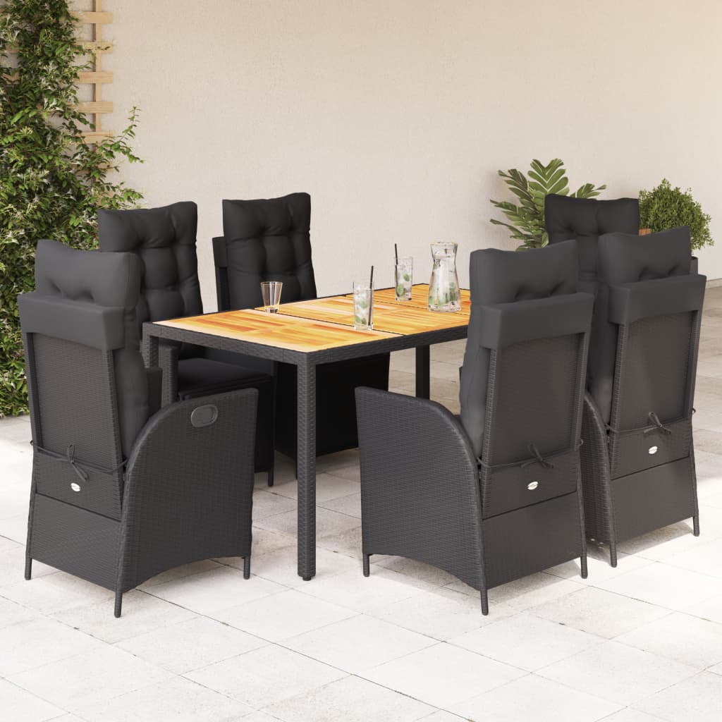 7 Piece Garden Dining Set with Cushions Black Poly Rattan