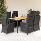 7 Piece Garden Dining Set with Cushions Black Poly Rattan