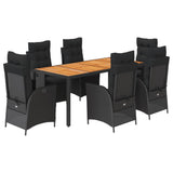 7 Piece Garden Dining Set with Cushions Black Poly Rattan - Front View