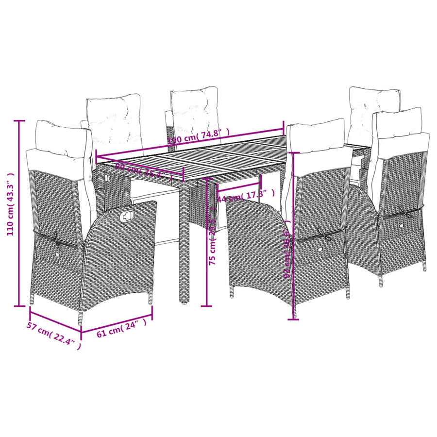 7 Piece Garden Dining Set with Cushions Black Poly Rattan
