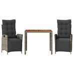 3 Piece Garden Dining Set with Cushions Grey Poly Rattan