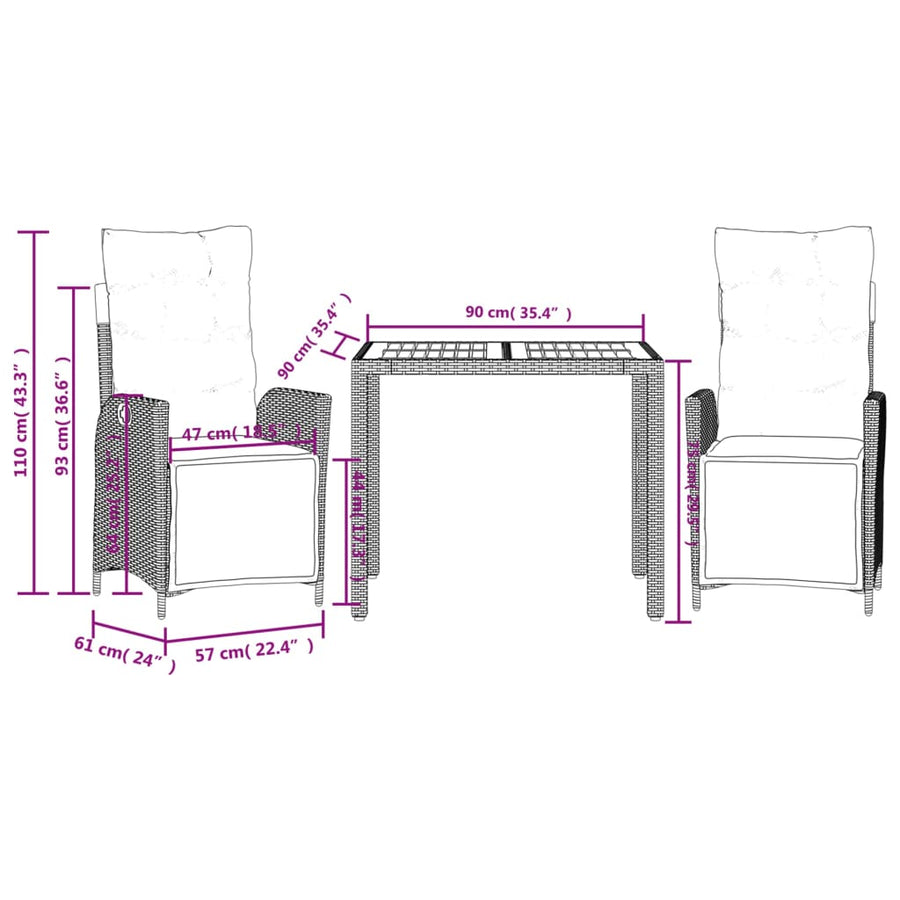 3 Piece Garden Dining Set with Cushions Grey Poly Rattan
