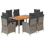 7 Piece Garden Dining Set with Cushions Grey Poly Rattan - Front View