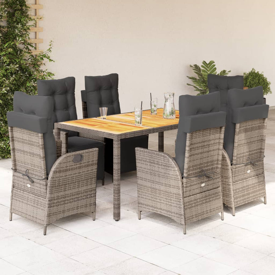7 Piece Garden Dining Set with Cushions Grey Poly Rattan