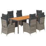 7 Piece Garden Dining Set with Cushions Grey Poly Rattan - Front View