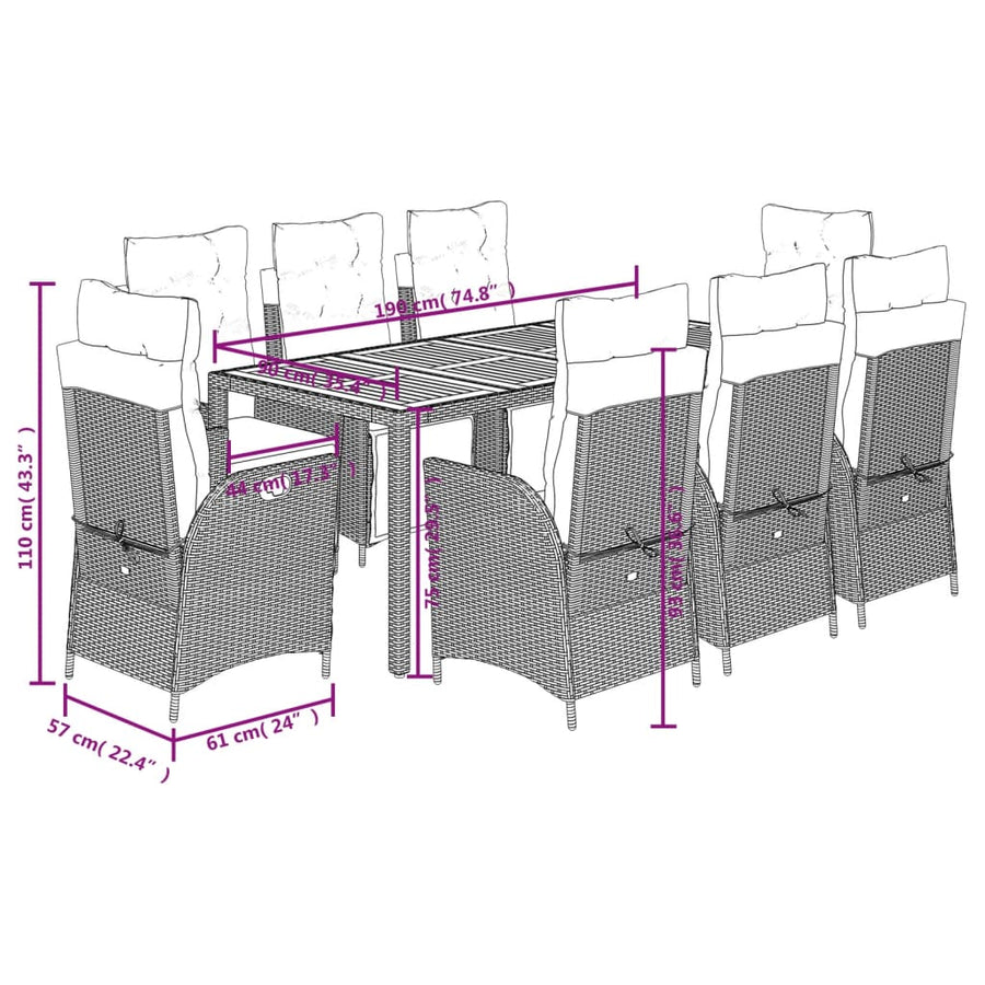 9 Piece Garden Dining Set with Cushions Grey Poly Rattan