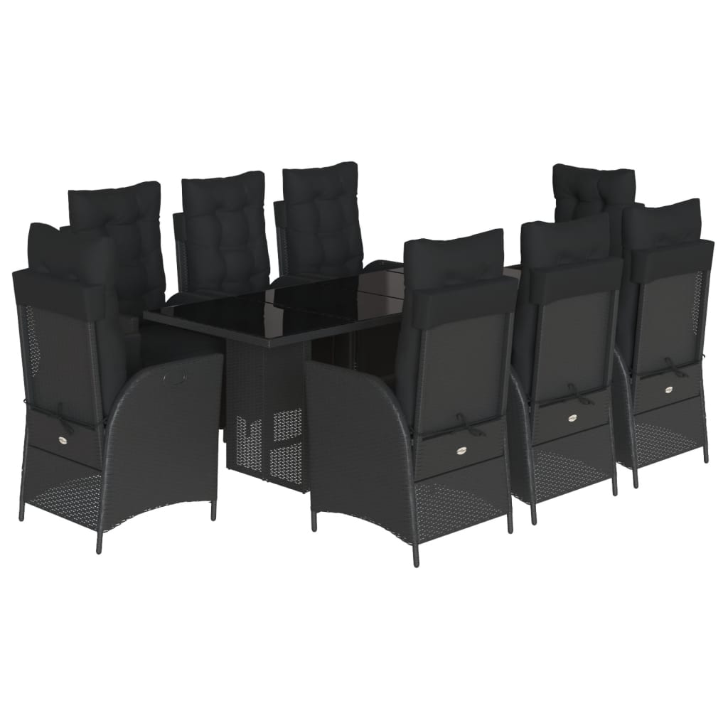 9 Piece Garden Dining Set with Cushions Black Poly Rattan