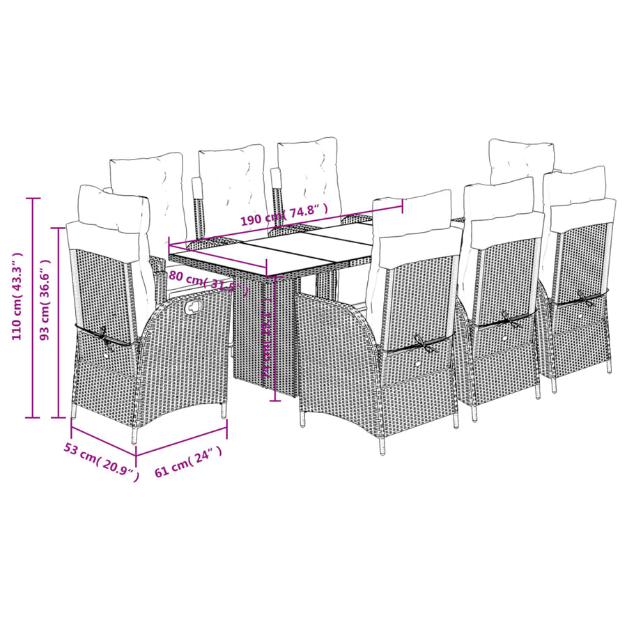 9 Piece Garden Dining Set with Cushions Black Poly Rattan