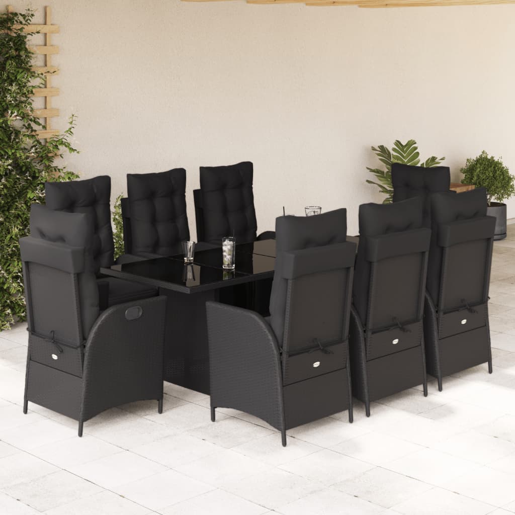 9 Piece Garden Dining Set with Cushions Black Poly Rattan