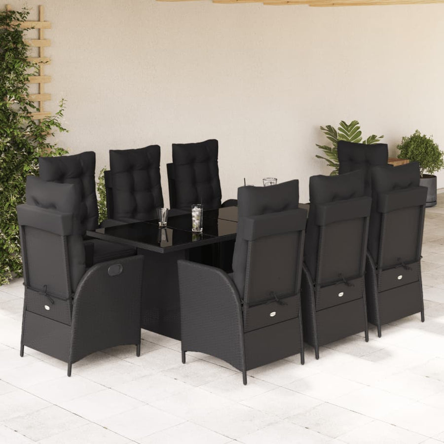 9 Piece Garden Dining Set with Cushions Black Poly Rattan