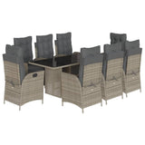 9 Piece Garden Dining Set with Cushions Grey Poly Rattan - Front View