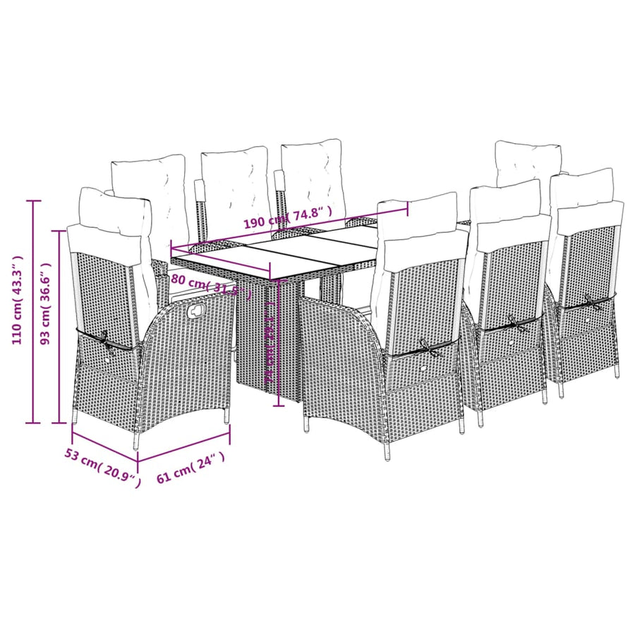 9 Piece Garden Dining Set with Cushions Grey Poly Rattan
