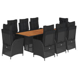9 Piece Garden Dining Set with Cushions Black Poly Rattan - Front View