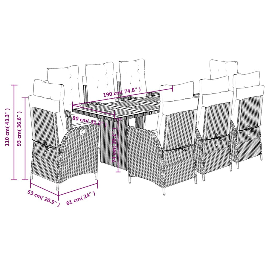 9 Piece Garden Dining Set with Cushions Black Poly Rattan